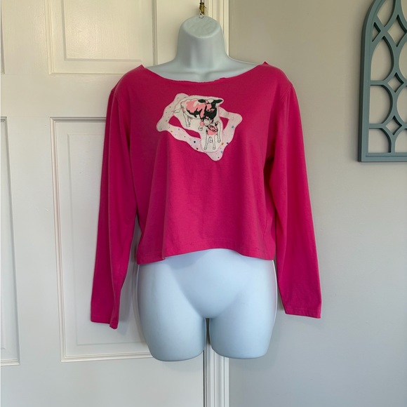 Tops - Pink Cropped Long Sleeve Top with Cow Graphic